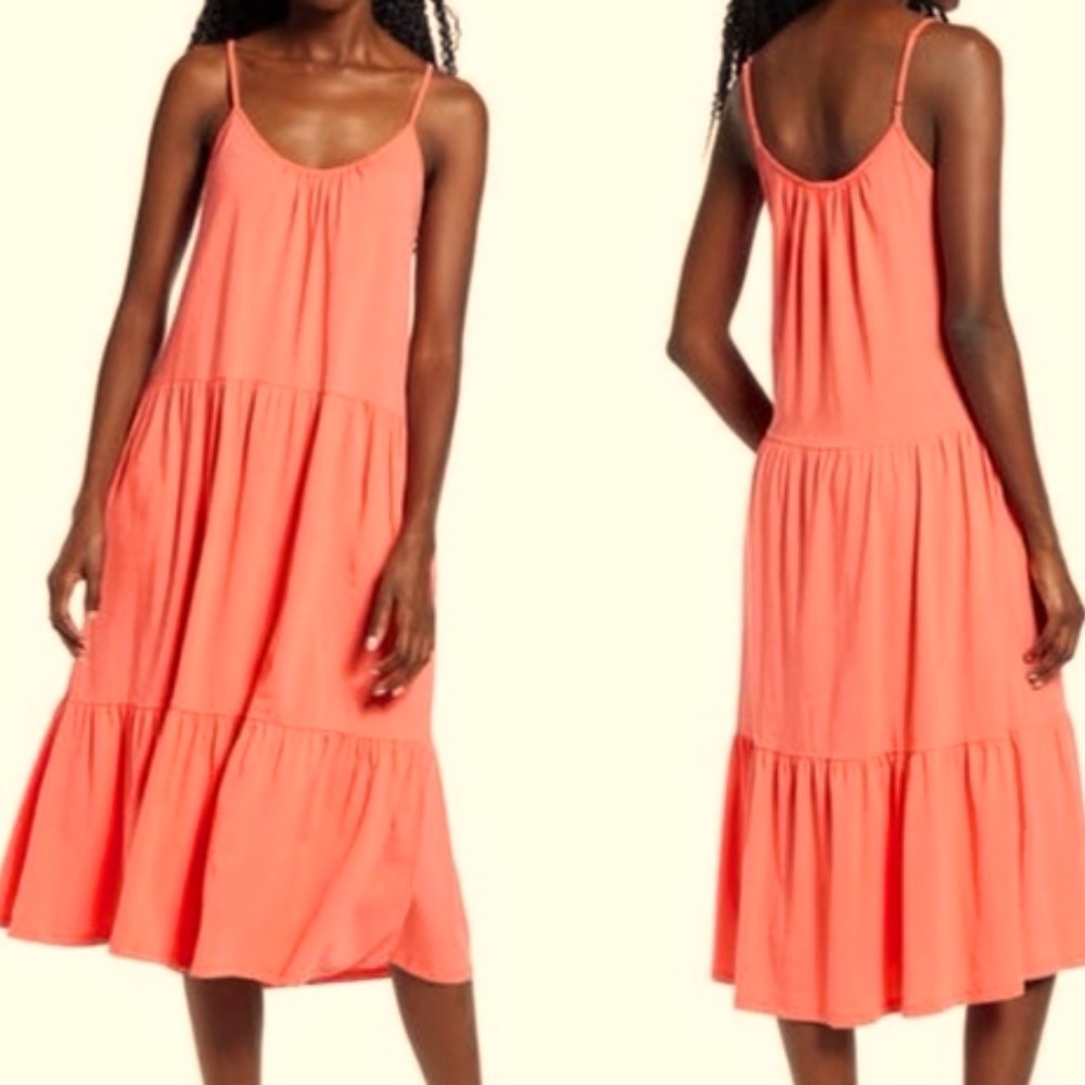 🌺 All In Favor Women's Tiered Jersey Cotton Maxi Dress w/ Pockets In Coral Sz S